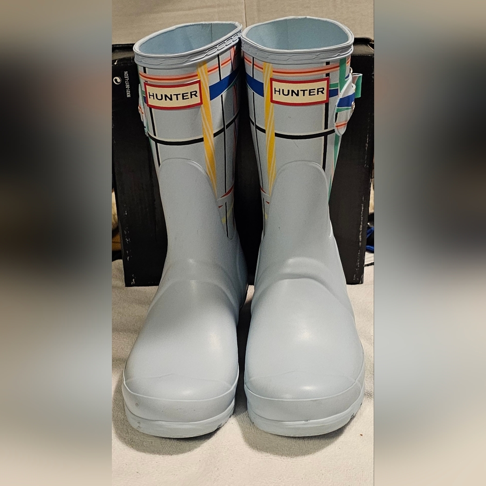 Hunter Original Short Rain Boots Rock Tartan Boat Blue US Women's Size 7 NEW - Picture 3 of 7